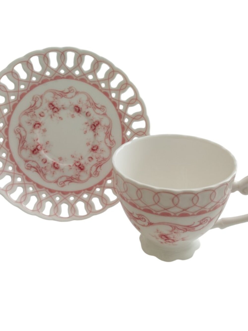 Gracie China Coastline Imports Pink Vine Teacups and Saucers Set of 6 Bone China